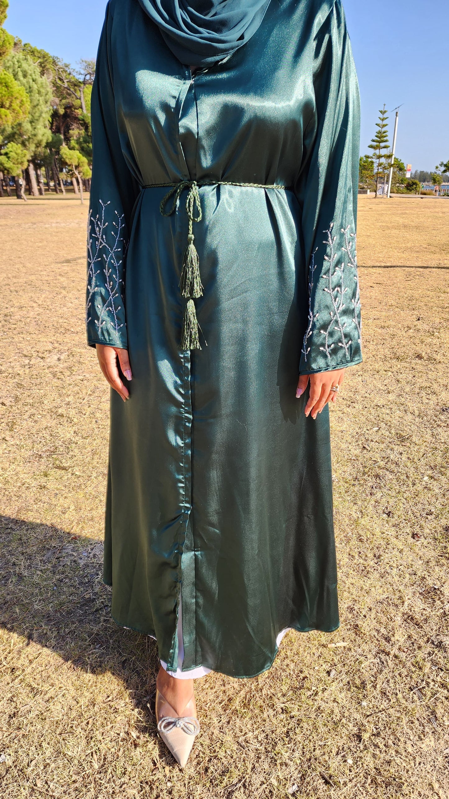 NEW Dubai Style Satin Luxury Open Abaya With Handmade Beads