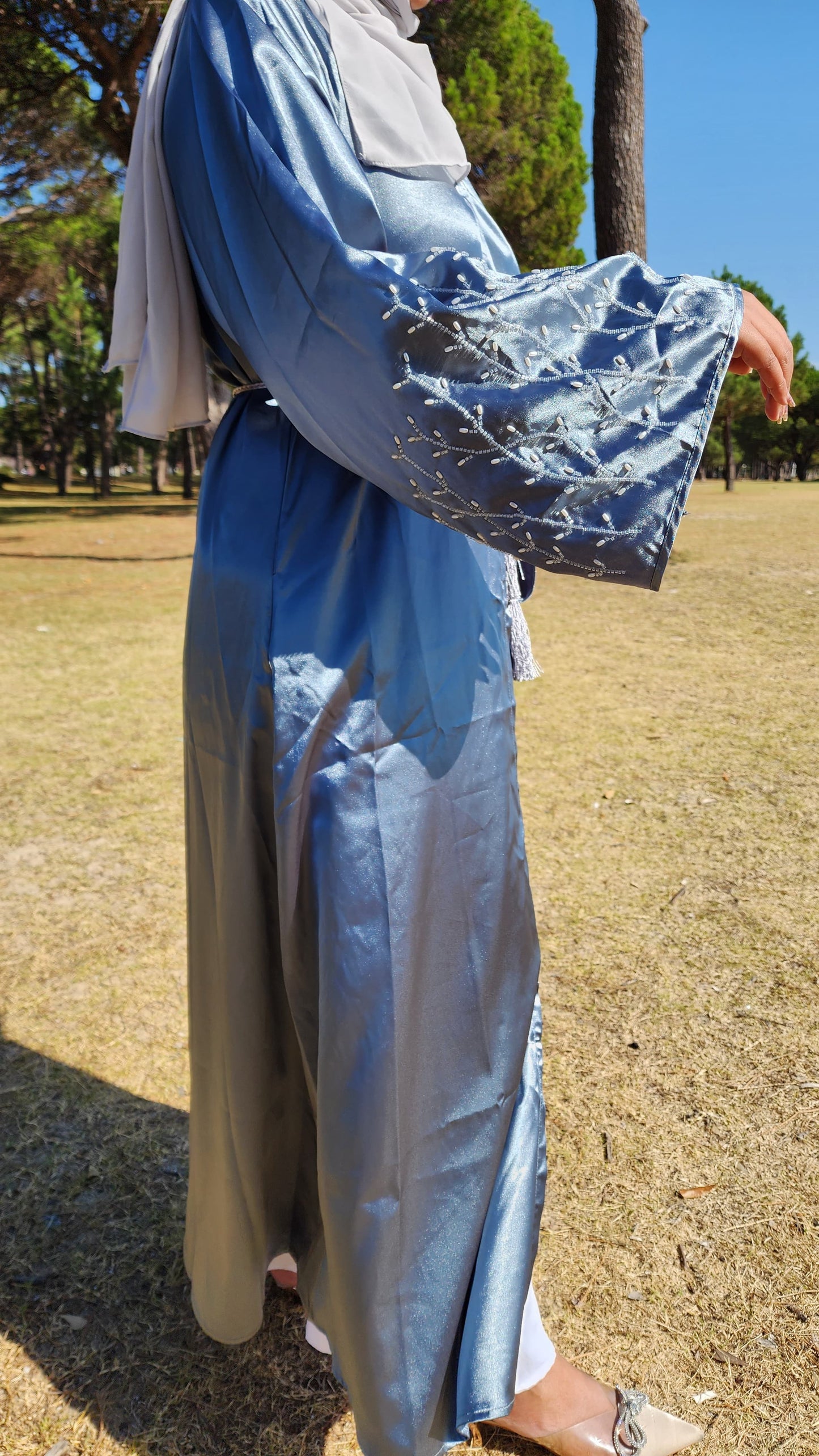 NEW Dubai Style Satin Luxury Open Abaya With Handmade Beads
