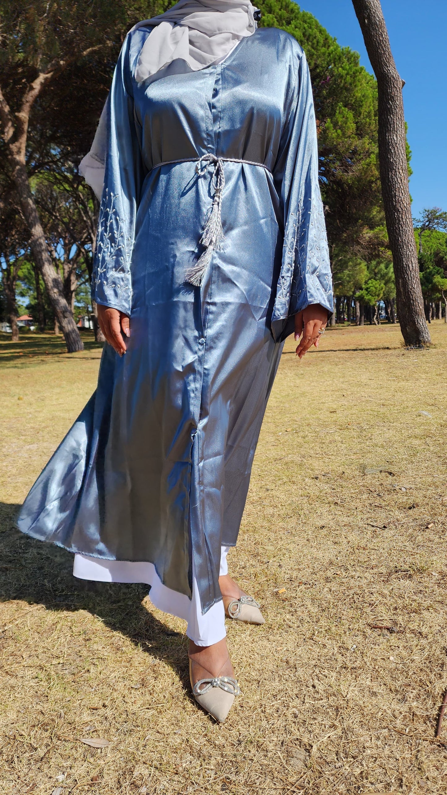 NEW Dubai Style Satin Luxury Open Abaya With Handmade Beads
