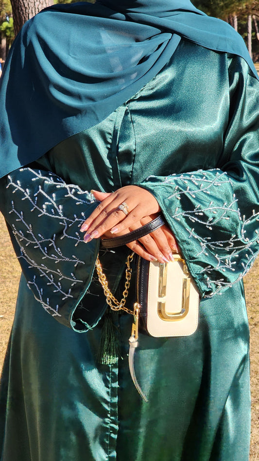 NEW Dubai Style Satin Luxury Open Abaya With Handmade Beads