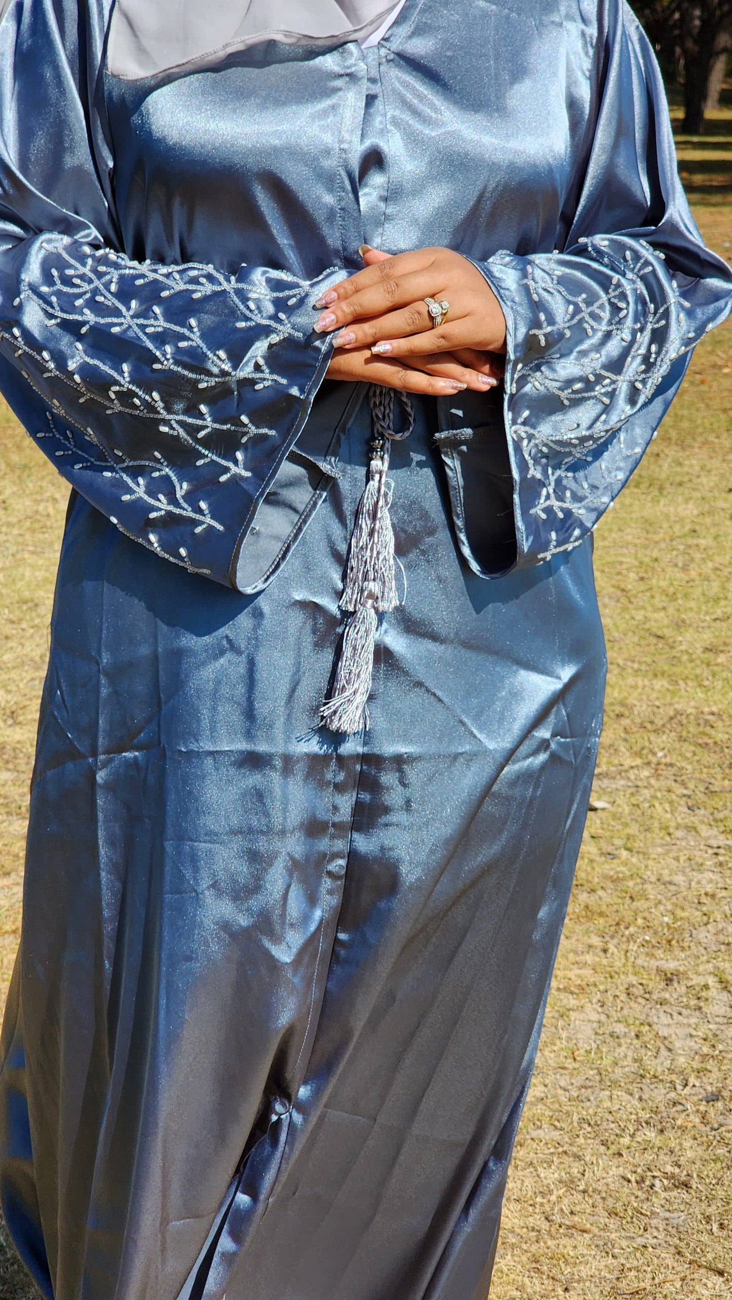 NEW Dubai Style Satin Luxury Open Abaya With Handmade Beads